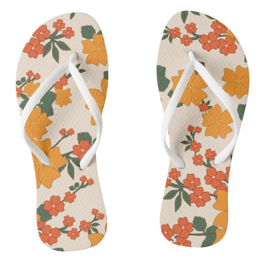 Tongs Fleurs Oranges, Motif Floral, Motif De Fleurs (Semelle)
