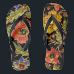 Tongs Fleurs perlées colorées sur le velours<br><div class="desc">Cette image perlée colorée de fleurs a été rassemblée d'un sac à main antique perlé de velours.</div>