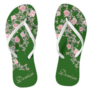 Tongs Fleurs roses florissantes Nom personnalisé Vert