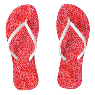 Tongs Fleurs rouges et corail, fond rouge foncé