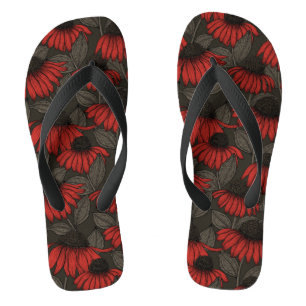 Tongs Fleurs rouges sur marron