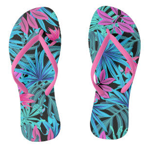 Tongs Fleurs tropicales exotiques de rose chaud et bleu
