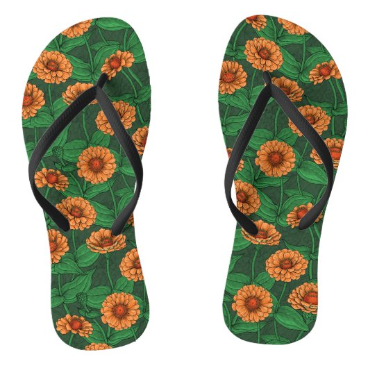 Tongs Fleurs Zinnia orange, feuilles verts sur vert fonc (Semelle)