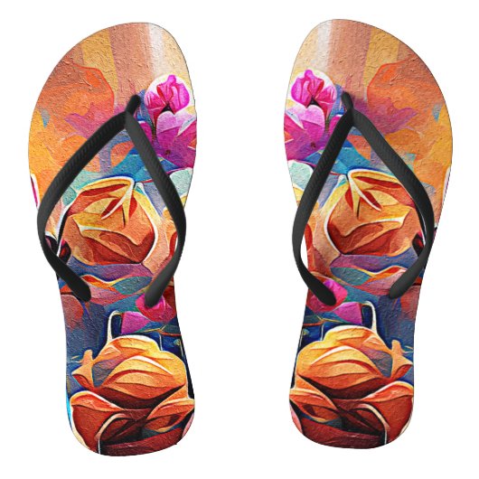 Tongs Floral Abstract Art Orange Red Blue Flowers (Semelle)