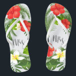 Tongs Flore tropicale Mme Bride ID475<br><div class="desc">Créez des flipflops spéciaux pour la mariée avec ce magnifique design avec feuillage tropical luxuriant et des accents floraux colorés. Le texte du script "mrs" qui attire l'attention est facultatif et peut être supprimé pour utiliser le modèle à d'autres occasions. Recherchez ID475 pour voir d'autres produits avec cette conception, y...</div>