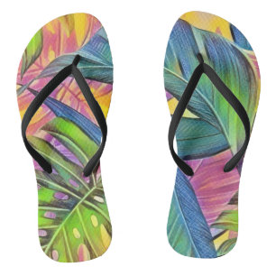Tongs Grande aquarelle feuille tropicale colorée