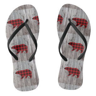 Tongs grange rustique bois noël bison rouge plaid ours