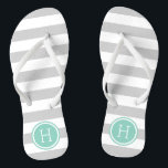 Tongs Gray and Aqua Preppy Stripes Monogramme<br><div class="desc">Sandales à tongs imprimées sur mesure avec un motif à rayures nautiques préppy et votre monogramme ou autre texte personnalisé dans un cadre circulaire. Cliquez sur Customiser pour modifier les polices de texte et les couleurs ou ajouter vos propres images pour créer un design unique et unique !</div>