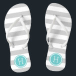 Tongs Gris et turquoise Rayures de preppy Monogramme<br><div class="desc">Sandales à tongs imprimées sur mesure avec un motif à rayures nautiques préppy et votre monogramme ou autre texte personnalisé dans un cadre circulaire. Cliquez sur Customiser pour modifier les polices de texte et les couleurs ou ajouter vos propres images pour créer un design unique et unique !</div>