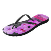 Tongs Hibiscus rose chaud sur À damiers noir et rose (Incliné)