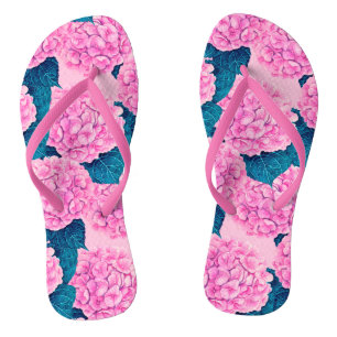 Tongs Hydrangea aquarelle motif, rose et bleu
