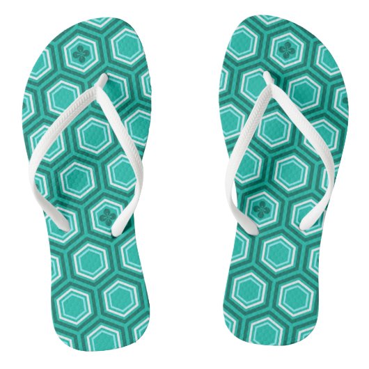 Tongs Impression de kimono hexagonal, turquoise et blanc (Semelle)