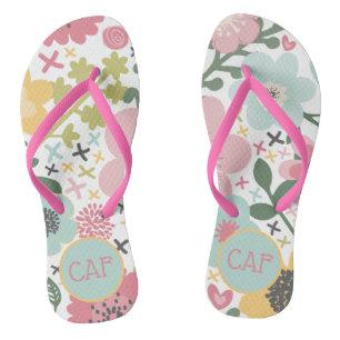 Tongs Initiales de monogramme rose jaune bleu floral ver