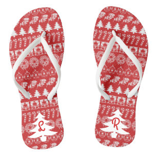 Tongs Initiales Motif de Noël noir et blanc