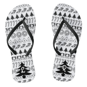 Tongs Initiales   Noir et blanc Motif de Noël Iconique