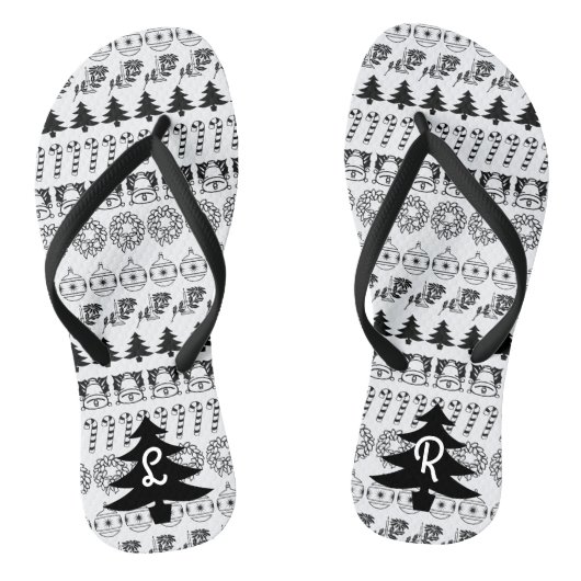 Tongs Initiales | Noir et blanc Motif de Noël Iconique (Semelle)