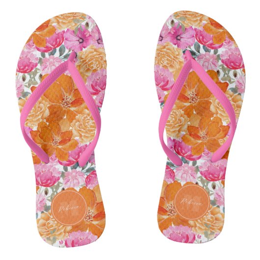 Tongs Jardin floral rose et orange vibre Nom personnalis (Semelle)