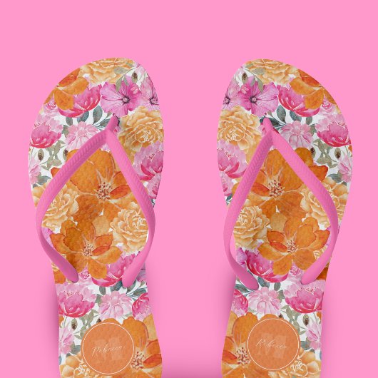 Tongs Jardin floral rose et orange vibre Nom personnalis