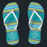 Tongs La guirlande de laurier d'Ancre de monogramme<br><div class="desc">Une ancre blanche élégante avec la guirlande de feuille de laurier est la pièce maîtresse de ces conception comportant les rayures élégantes dans divers tons de bleu, vert et gris simples, à la mode, colorés. Frais, amusement, conception nautique parfaite pour la saison d'été chaude. Cette conception est genre neutre/fluide et...</div>