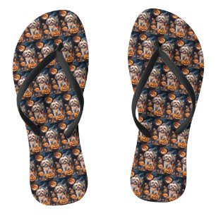 Tongs Lhasa Apso Halloween avec citrouilles effrayant