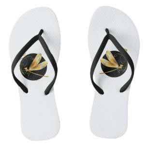 Tongs libellule d'or en cercle noir