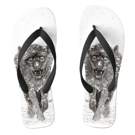 Tongs Loup noir en colère dans la neige, hiver sauvage (Semelle)