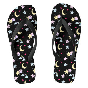 Tongs Lune lunaire, étoiles et nuages Motif sur noir