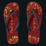 Tongs Maid of Honor Dark Burgundy & Gold Foliage<br><div class="desc">Ces somptueuses demoiselles bordeaux foncé et dorées de tongs d'honneur ont un arrière - plan bordeaux foncé qui est orné d'un motif de verdure fleurie dorée complexe et d'une typographie moderne personnalisable. La combinaison du riche bordeaux et de l'or chatoyant crée une esthétique élégante et luxueuse. C'est un beau cadeau...</div>