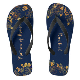 Tongs Matron d'honneur Gold Foliage Motif Marine Bleu
