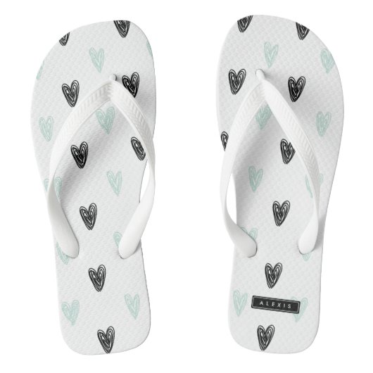 Tongs Mint & Black Hearts Doodles Motif Personnalisé (Semelle)