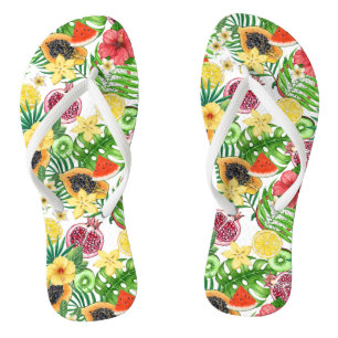 Tongs Mix-fruit tropical, fleurs et feuilles sur blanc