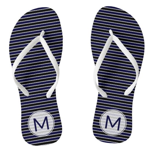 Tongs Moderne Monogramme Rayures Bleu Foncé Noir (Semelle)