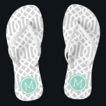 Tongs Monogramme de gris et d'Aqua Trellis<br><div class="desc">sandales à tongs imprimées sur mesure avec un motif moderne élégant et votre monogramme ou autre texte personnalisé dans un cadre circulaire. Cliquez sur Customiser pour modifier les polices de texte et les couleurs ou ajouter vos propres images pour créer un design unique et unique !</div>