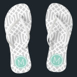 Tongs Monogramme de gris et d'Aqua Trellis<br><div class="desc">sandales à tongs imprimées sur mesure avec un motif moderne élégant et votre monogramme ou autre texte personnalisé dans un cadre circulaire. Cliquez sur Customiser pour modifier les polices de texte et les couleurs ou ajouter vos propres images pour créer un design unique et unique !</div>