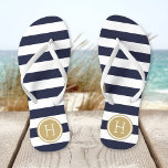 Tongs Monogramme de la Marine et de l'or Preppy<br><div class="desc">Sandales à tongs imprimées sur mesure avec un motif à rayures nautiques préppy et votre monogramme ou autre texte personnalisé dans un cadre circulaire. Cliquez sur Customiser pour modifier les polices de texte et les couleurs ou ajouter vos propres images pour créer un design unique et unique !</div>