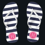 Tongs Monogramme de la marine et des rayures roses de Pr<br><div class="desc">Sandales à tongs imprimées sur mesure avec un motif à rayures nautiques préppy et votre monogramme ou autre texte personnalisé dans un cadre circulaire. Cliquez sur Customiser pour modifier les polices de texte et les couleurs ou ajouter vos propres images pour créer un design unique et unique !</div>