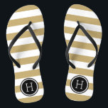 Tongs Monogramme de l'or et du noir de la preppy<br><div class="desc">Sandales à tongs imprimées sur mesure avec un motif à rayures nautiques préppy et votre monogramme ou autre texte personnalisé dans un cadre circulaire. Cliquez sur Customiser pour modifier les polices de texte et les couleurs ou ajouter vos propres images pour créer un design unique et unique !</div>