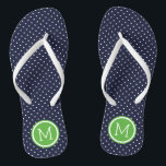 Tongs Monogramme de points minuscules marine et vert<br><div class="desc">sandales à tongs imprimées sur mesure avec un motif à pois mignon et votre monogramme ou autre texte personnalisé dans un cadre circulaire. Cliquez sur Customiser pour modifier les polices de texte et les couleurs ou ajouter vos propres images pour créer un design unique et unique !</div>