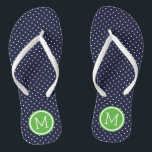 Tongs Monogramme de points minuscules marine et vert<br><div class="desc">sandales à tongs imprimées sur mesure avec un motif à pois mignon et votre monogramme ou autre texte personnalisé dans un cadre circulaire. Cliquez sur Customiser pour modifier les polices de texte et les couleurs ou ajouter vos propres images pour créer un design unique et unique !</div>