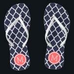 Tongs Monogramme de Quatrefoil Marocain Marine et Coral<br><div class="desc">Sandales à tongs imprimées sur mesure avec un motif chic marocain en quatrefoil et votre monogramme personnalisé ou autre texte dans un cadre circulaire. Cliquez sur Customiser pour modifier les polices de texte et les couleurs ou ajouter vos propres images pour créer un design unique et unique !</div>
