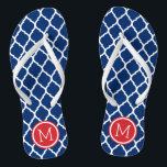 Tongs Monogramme de Quatrefoil rouge blanc et bleu maroc<br><div class="desc">Sandales à tongs imprimées sur mesure avec un motif chic marocain en quatrefoil et votre monogramme personnalisé ou autre texte dans un cadre circulaire. Cliquez sur Customiser pour modifier les polices de texte et les couleurs ou ajouter vos propres images pour créer un design unique et unique !</div>