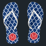 Tongs Monogramme de Quatrefoil rouge blanc et bleu maroc<br><div class="desc">Sandales à tongs imprimées sur mesure avec un motif chic marocain en quatrefoil et votre monogramme personnalisé ou autre texte dans un cadre circulaire. Cliquez sur Customiser pour modifier les polices de texte et les couleurs ou ajouter vos propres images pour créer un design unique et unique !</div>