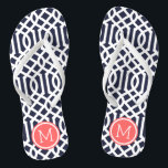 Tongs Monogramme de treillis de marine et de corail<br><div class="desc">sandales à tongs imprimées sur mesure avec un motif moderne élégant et votre monogramme ou autre texte personnalisé dans un cadre circulaire. Cliquez sur Customiser pour modifier les polices de texte et les couleurs ou ajouter vos propres images pour créer un design unique et unique !</div>
