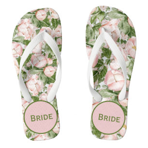 Tongs Monogramme Élégant Rose Vert Floral Mariée