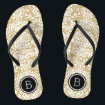 Tongs Monogramme en or et en noir de Damas Floral<br><div class="desc">sandales à tongs imprimées sur mesure avec un élégant motif à damas floral élégant et votre monogramme ou autre texte personnalisé dans un cadre circulaire. Cliquez sur Customiser pour modifier les polices de texte et les couleurs ou ajouter vos propres images pour créer un design unique et unique !</div>