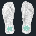 Tongs Monogramme grise et aqua de Damas florales<br><div class="desc">sandales à tongs imprimées sur mesure avec un élégant motif à damas floral élégant et votre monogramme ou autre texte personnalisé dans un cadre circulaire. Cliquez sur Customiser pour modifier les polices de texte et les couleurs ou ajouter vos propres images pour créer un design unique et unique !</div>