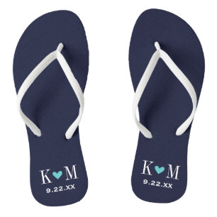 Tongs Monogramme Mariage moderne marine et turquoise