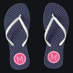 Tongs Monogramme Marine et minuscules points roses<br><div class="desc">sandales à tongs imprimées sur mesure avec un motif à pois mignon et votre monogramme ou autre texte personnalisé dans un cadre circulaire. Cliquez sur Customiser pour modifier les polices de texte et les couleurs ou ajouter vos propres images pour créer un design unique et unique !</div>