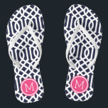 Tongs Monogramme marine et Trellis rose<br><div class="desc">sandales à tongs imprimées sur mesure avec un motif moderne élégant et votre monogramme ou autre texte personnalisé dans un cadre circulaire. Cliquez sur Customiser pour modifier les polices de texte et les couleurs ou ajouter vos propres images pour créer un design unique et unique !</div>