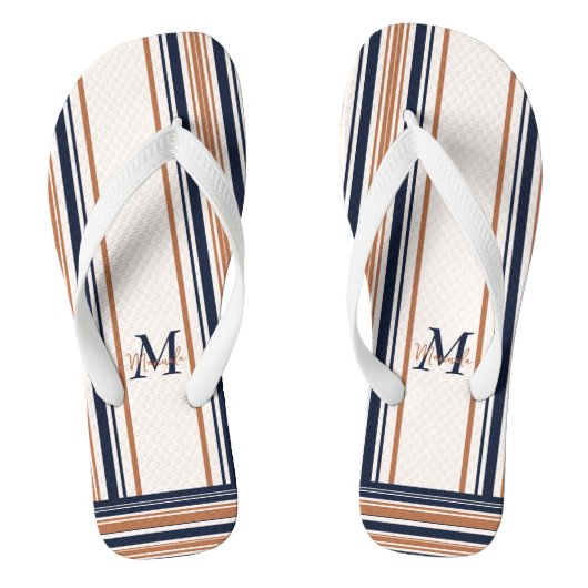 Tongs Monogramme moderne bleu et or à rayures blanches (Semelle)